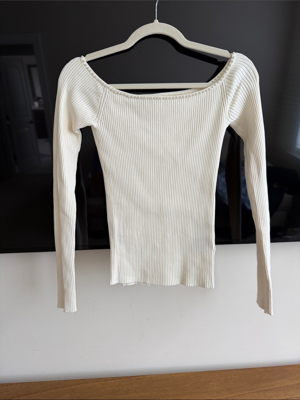H&M Cream Ribbed Off-Shoulder Pearl Trim Top